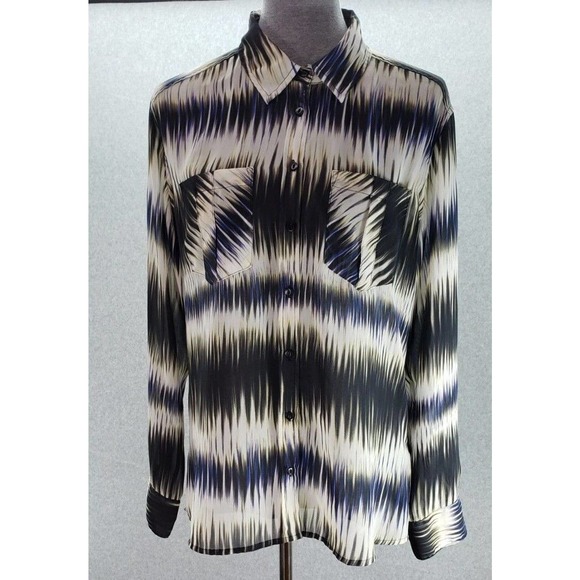 Guess Los Angeles Button Up Top Sheer Womens Size L Black Multi Abstract Print - Picture 3 of 9